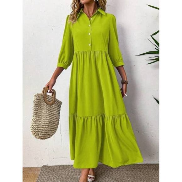 New Solid Ruffle Hem Smock Dress Maxi Women Outfit - Picture 5 of 6